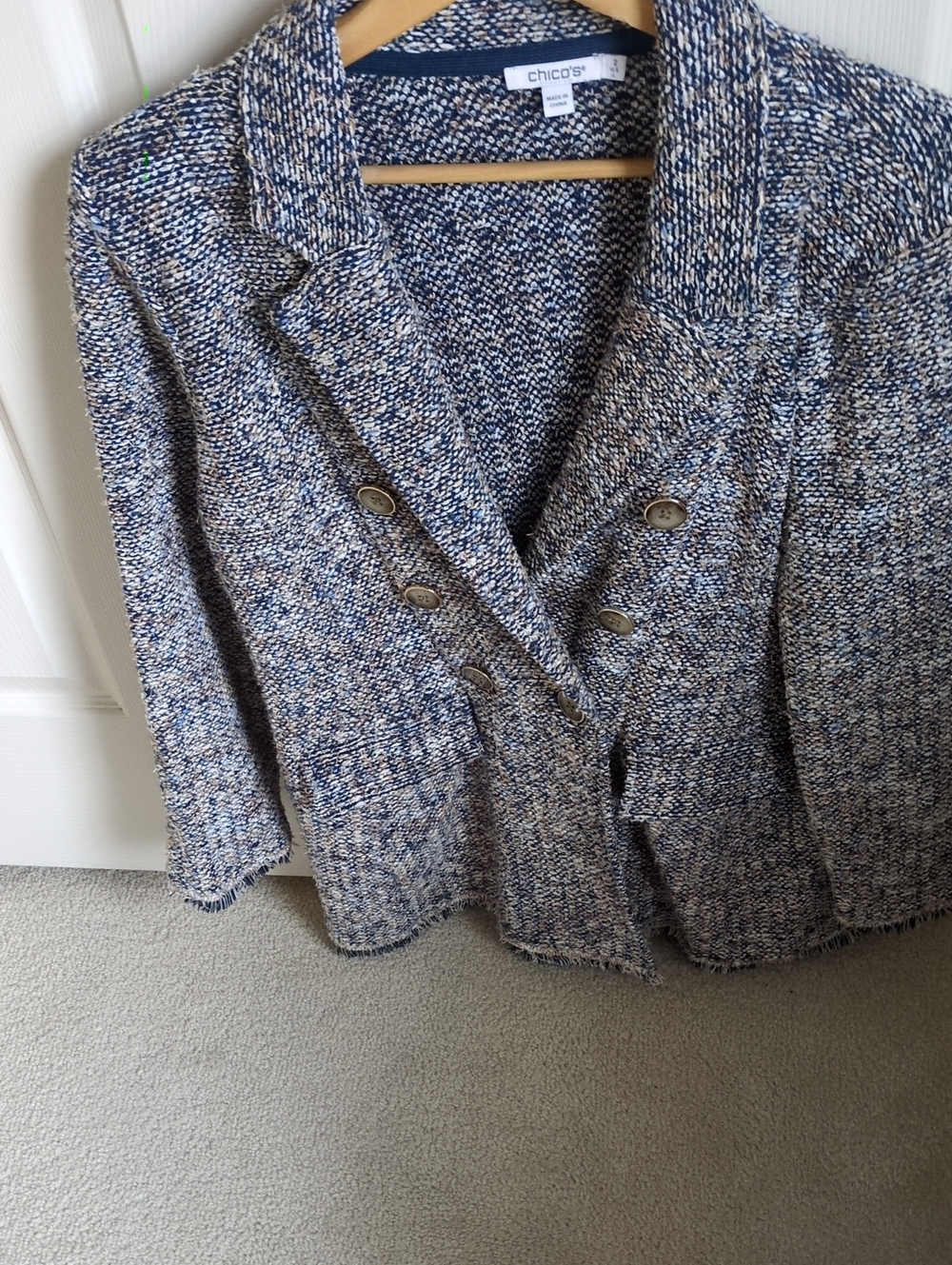 Chico's Blue & Cream Tweed Knitted Double-Breasted Knit Blazer